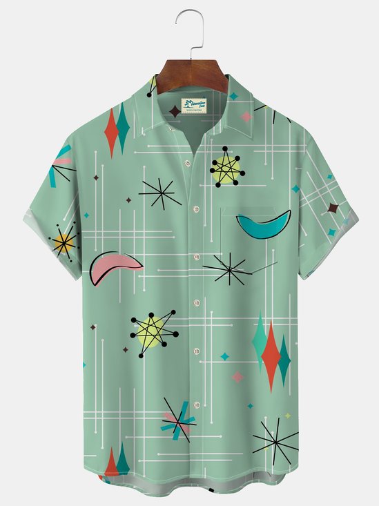 Royaura® Vintage Mid-Century Geometric Green Men's Camp Shirt Easy Care Hawaiian Shirts Big Tall