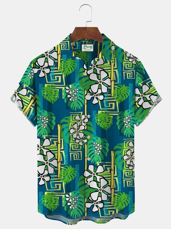 Royaura® Beach Holiday Green Men's Floral Hawaiian Shirt Quick Dry Camp Pocket Shirt Big Tall