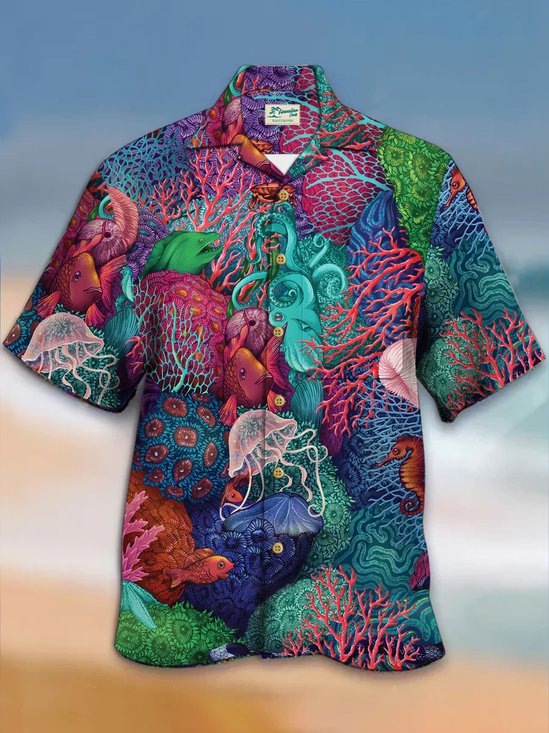 Royaura Vintage Marine Life Print Men's Button Pocket Shirt