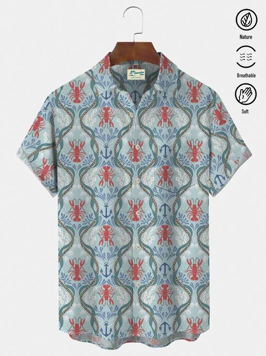 Royaura Holiday Beach Blue Men's Hawaiian Shirts Ocean Lobster Art Breathable Comfort Pocket Camp Shirts Big Tall