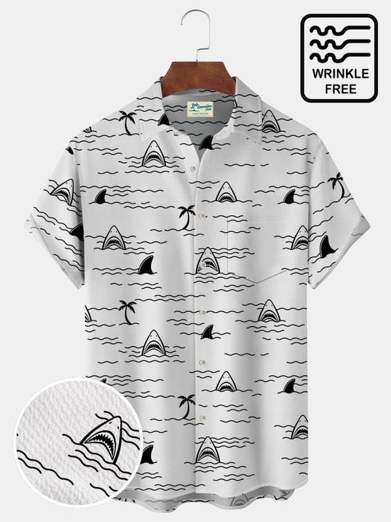 Royaura® Beach Holiday White Men's Hawaiian Shirts Cartoon Shark Coconut Tree Camp Shirts Big Tall