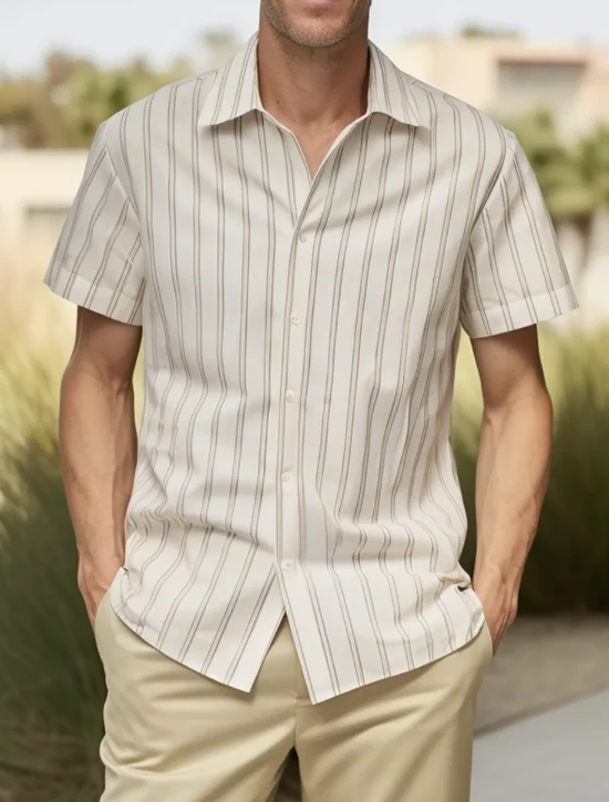 Royaura® Vintage Khaki Stripe Men's Shirt Easy Care Camp Shirt Big Tall