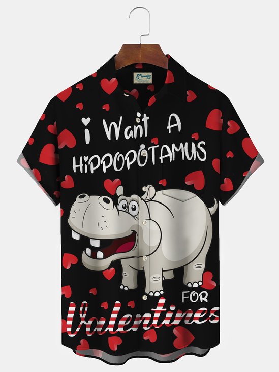 Royaura Valentine Heart Hippo Print Men's Button Pocket Shirt