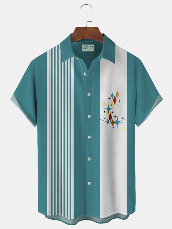 Royaura Retro Geometric Bowling Stripe Print Men's Button Pocket Shirt