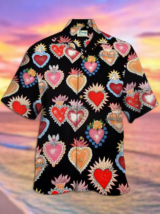 Royaura Valentine's Day Holiday Men's Hawaiian Shirts Love Cartoon Art Pocket Camp Shirts Big Tall