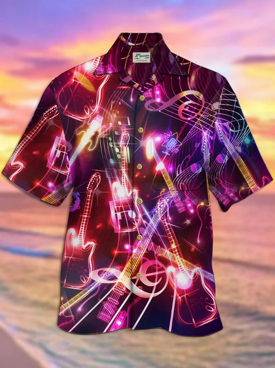 Royaura® Music Festival Holiday Purple Men's Hawaiian Shirt Guitar Neon Art Quick Dry Pocket Camp Shirt Big Tall