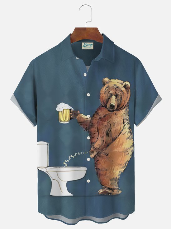 Royaura Fun Cartoon Bear Print Men's Button Pocket Shirt