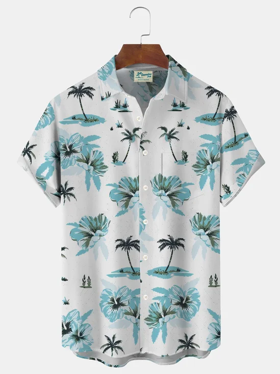 Royaura Hawaiian Coconut Tree Floral Print Men's Button Pocket Short Sleeve Shirt