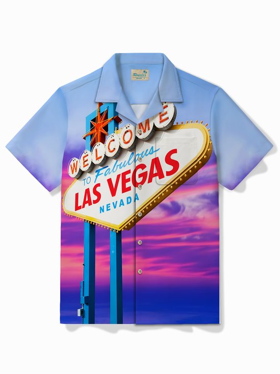 Royaura® Las Vegas Holiday Blue Men's Hawaiian Shirt Travel Art Pocket Shirt Big Tall