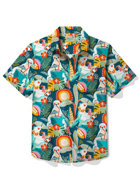 Royaura® Artistic Tropical Flower Men's Hawaiian Shirt Cartoon White Bear Quick Drying Easy Care Pocket Shirt Big Tall