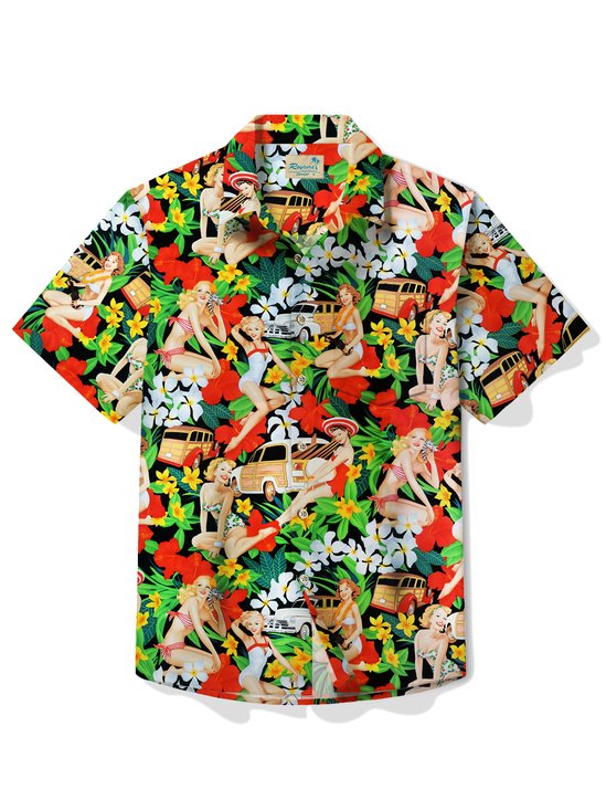 Royaura® Royaura® Floral Pinup Girl Men's Hawaiian Shirt Button Pocket Tropical Shirt Big Tall