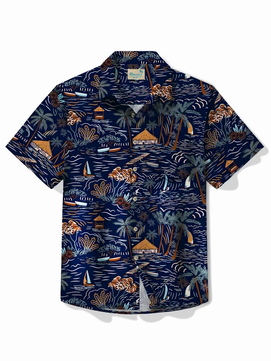 Royaura® Beach Vacation Blue Men's Hawaiian Shirts Stretch Easy Care Coconut Tree Camp Pocket Shirt Big Tall