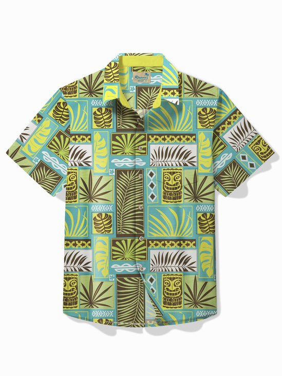 Royaura® Beach TIKI Art Men's Hawaiian Shirt Palm Leaf Pocket Button Holiday Shirt Big Tall