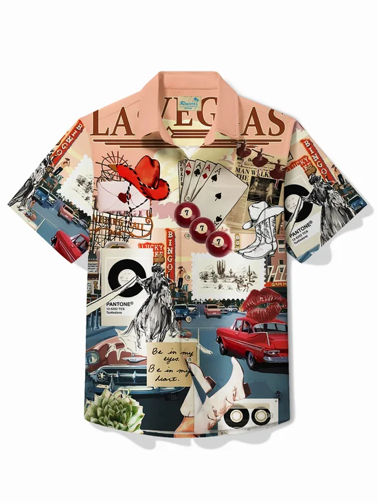 Royaura® Las Vegas Gambling Poster Car Print Men's Button Pocket Short Sleeve Hawaiian Shirt