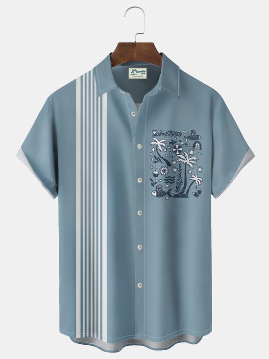 Royaura® Vintage Bowling Coconut Tree Print Men's Button Pocket Shirt