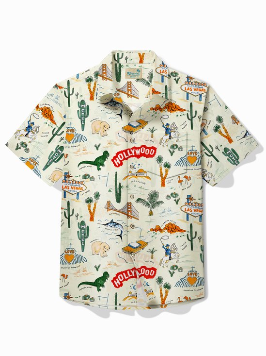 Royaura Vintage Western Travel Print Men's Button Pocket Short Sleeve Shirt