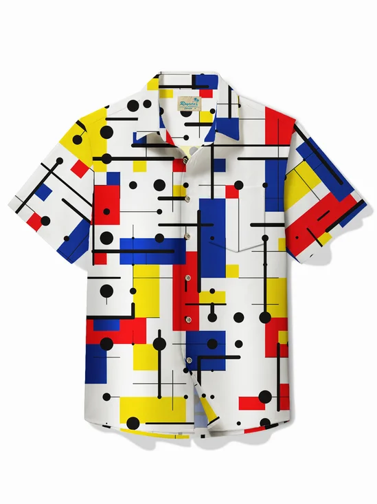 Royaura® Retro Geometric Color Block Print Men's Button Pocket Short Sleeve Lapel Hawaiian Shirt