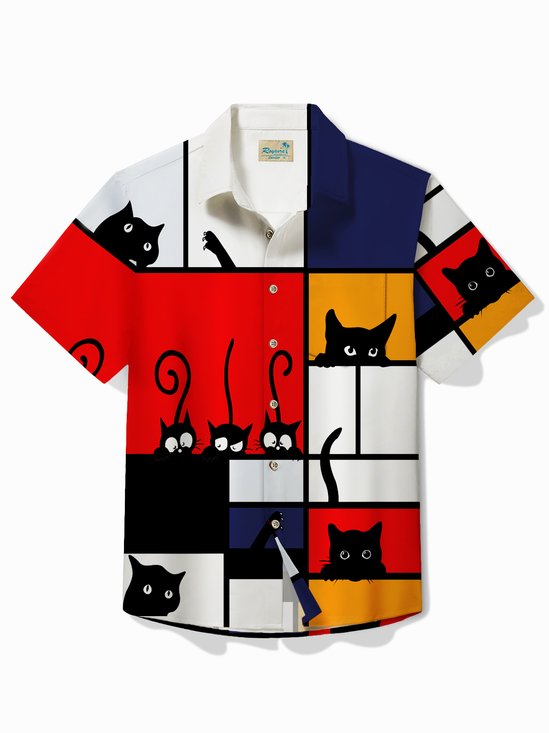 Royaura Fun Cartoon Cat Print Men's Button Pocket Short Sleeve Shirt