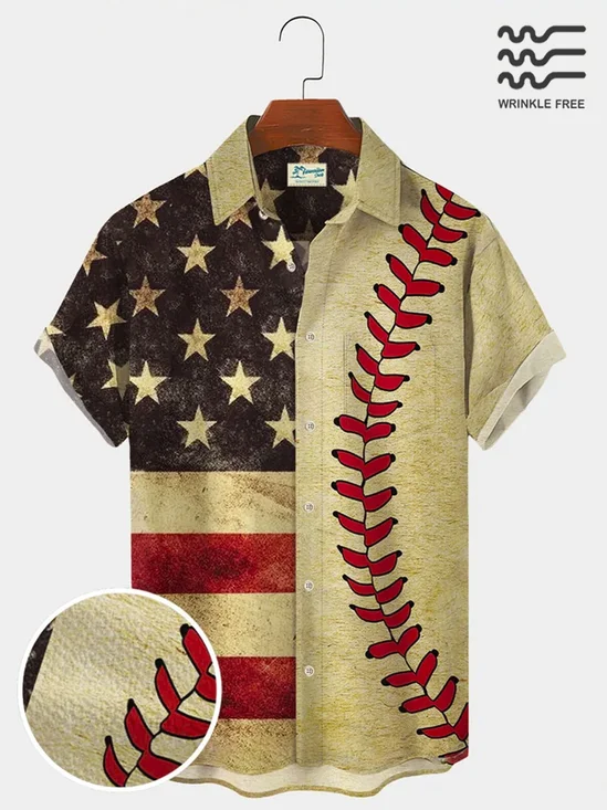 Royaura Vintage Casual Men's Baseball Holiday Hawaiian Shirts American Flag Wrinkle Resistant Seersucker Plus Size Aloha Shirts