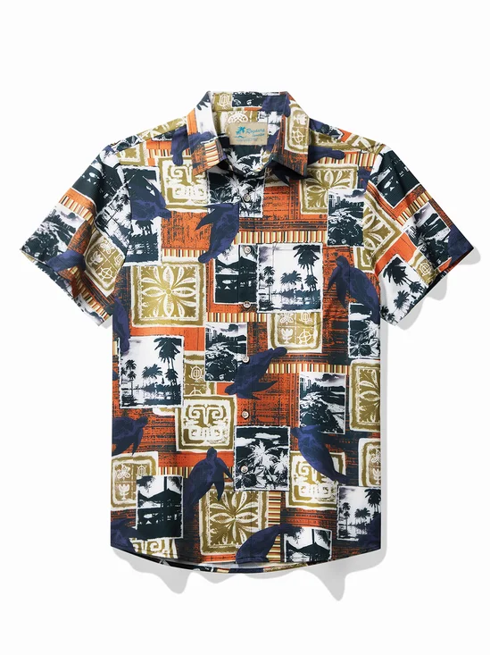 Royaura® Cool Ice Men's Hawaiian Shirts Island Sea Turtle Tapa Geometric Art Sweat-wicking Breathable Wrinkle Free Pocket Shirts