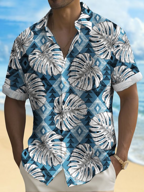 Royaura® Hawaiian Shirt Botanical Geometric Print Men's Button Pocket Shirt