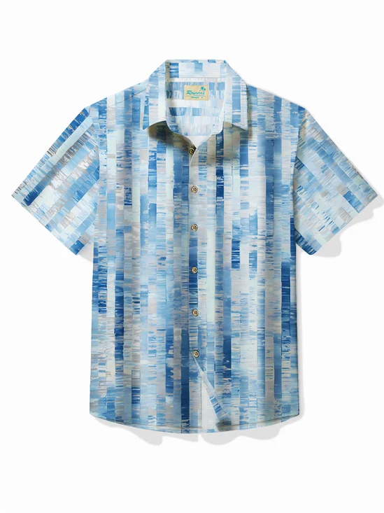 Royaura® Beach Vacation Blue Men's Hawaiian Shirt Striped Geometric Art Stretch Pocket Shirt Big Tall