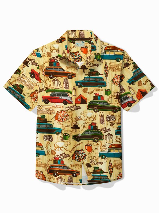 Royaura® Retro Camper Travel Car Print Men's Button Pocket Short Sleeve Shirt