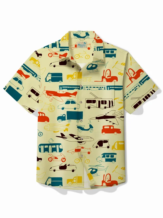 Royaura® Retro Car Travel Vehicle Print Men's Button Pocket Short Sleeve Shirt