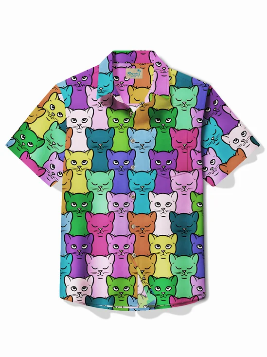 Royaura® Cartoon Line Cat Beach Men's Hawaiian Oversized Pocket Shirt