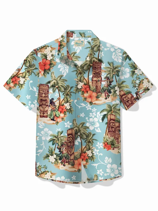 Royaura® x David Bailey Beach Vacation Tiki Men's Hawaiian Shirt Hula Girl Coconut Tree Pocket Button Shirt Big Tall