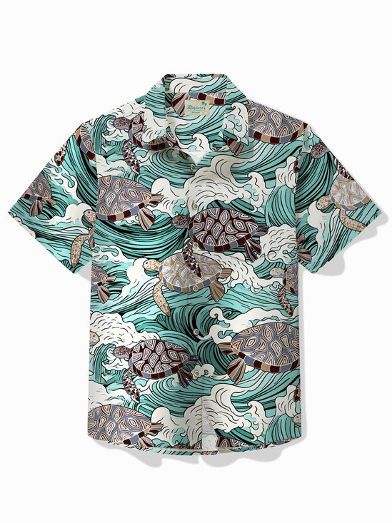 Royaura® x David Bailey Beach Vacation Men's Hawaiian Shirt Turtle Print Pocket Button-Down Shirt Big Tall