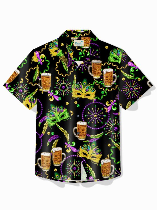 Royaura® Holiday Mardi Gras Men's Mask Wine Glass Print Hawaiian Shirt Stretch Plus Size Casual Aloha Shirt