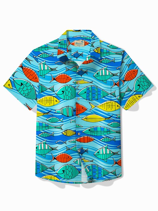 Royaura® Hawaiian Sea Life Fish Print Men's Button Pocket Short Sleeve Shirt