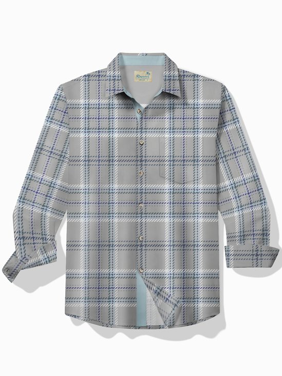Royaura® Basic Check Print Men's Hawaiian Long Sleeve Shirt Easy Care Pocket Camping Shirt