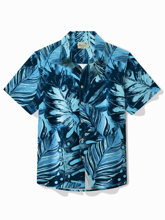 Royaura® Hawaiian Plant Leaf Print Men's Button Pocket Short Sleeve Shirt
