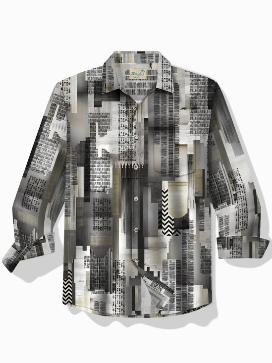 Royaura® Retro Geometric Textured Print Men's Hawaiian Long Sleeve Shirt Easy Care Pocket Camping Shirt