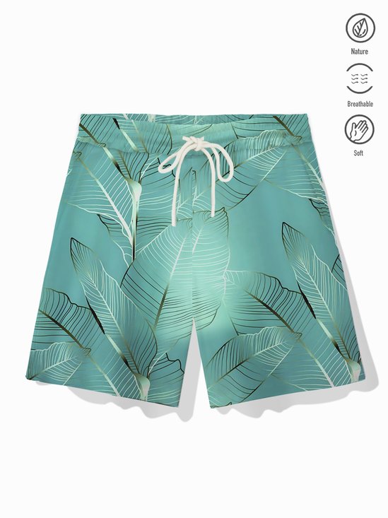 Royaura® Hawaii Plant Leaves Gradient Print Men's Elastic Drawstring Board Shorts
