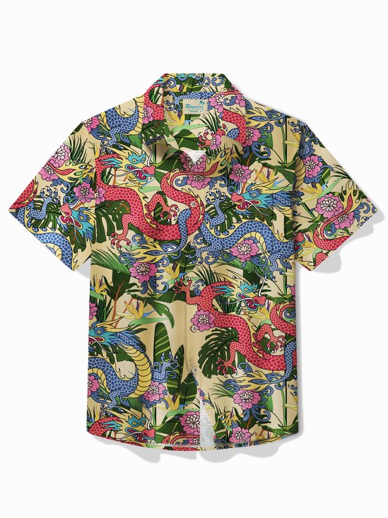 Royaura® Beach Vacation Men's Hawaiian Shirt Colorful Dragon Botanical Print Stretch Pocket Camping Shirt