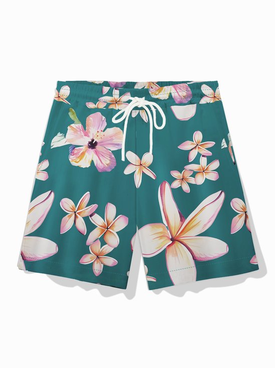 Royaura® Hawaiian Green Men's Beach Shorts Floral Print Stretch Plus Size Shorts