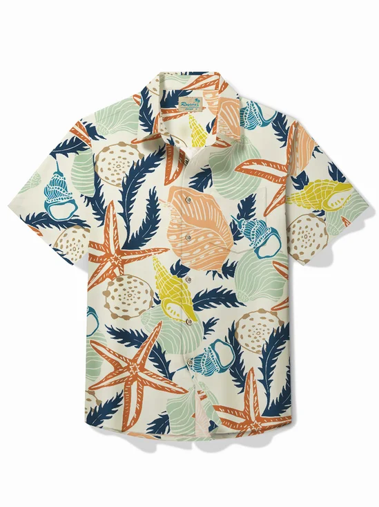 Royaura® Sea Life Khaki Men's Hawaiian Shirt Stretch Aloha Camp Pocket Shirt Big Tall