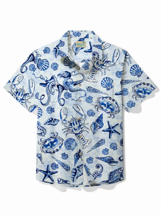 Royaura®Hawaii Lobster Marine Life Print Men's Button Pocket Short Sleeve Shirt