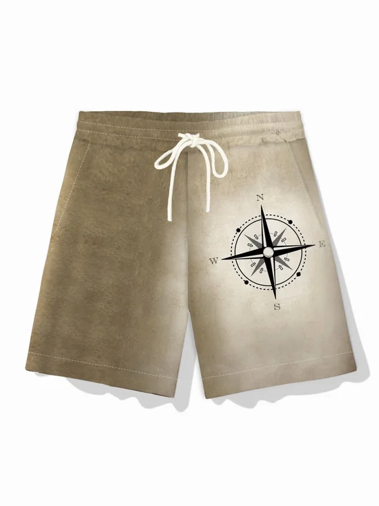 Royaura® Vintage Compass Gradient Print Men's Drawstring Elastic Board Shorts