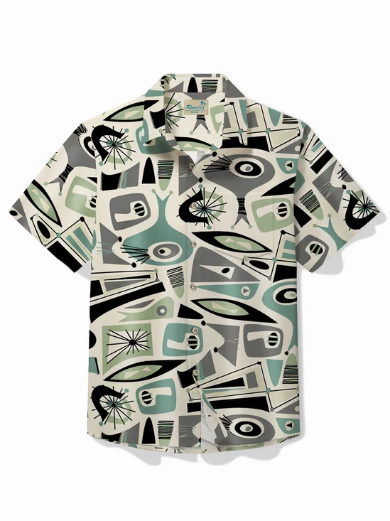 Royaura® Retro Men's Hawaiian Shirt Mid Century Geometric Print Stretch Easy Care Pocket Camping Shirt