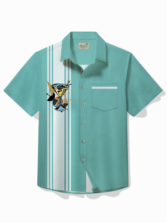 Royaura® Retro Men's Hawaiian Shirt Mid-Century Geometric Wine Glass Print Stretch Easy Care Pocket Camping Shirt