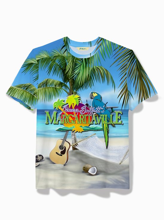 Royaura® Hawaii Parrot Music Print Men's Round Neck Short Sleeve Pullover T-Shirt