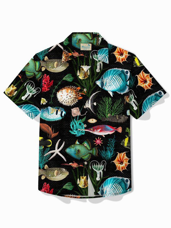 Royaura® Hawaii Sea Life Fish Print Men's Button Pocket Short Sleeve Shirt
