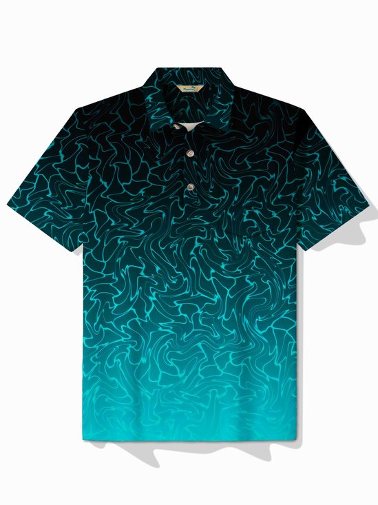 Royaura®Retro Gradient Water Ripple Print Men's Lapel Button Pocket Short Sleeve POLO Shirt