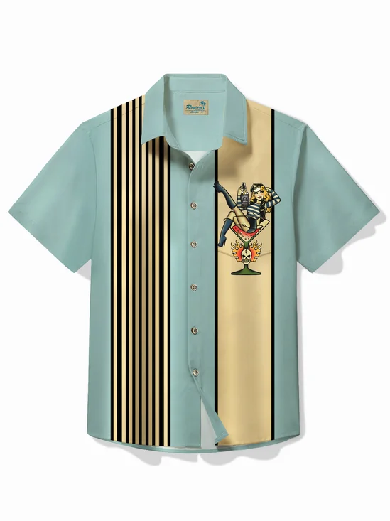 Royaura® Vintage Bowling Pin Up Girls Wine Glass Print Hawaiian Shirt Plus Size Holiday Shirt
