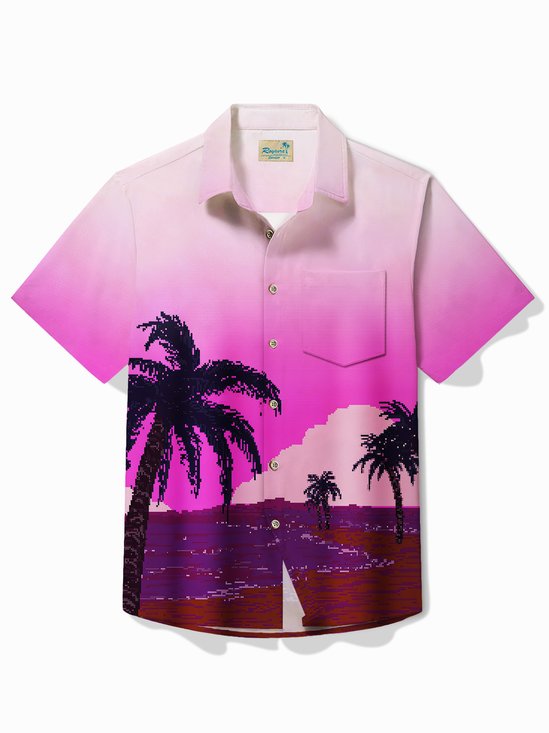 Royaura® Hawaiian Pink Gradient Coconut Tree Print Men's Button Pocket Short Sleeve Shirt