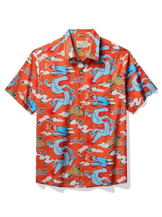 Royaura® Vintage Japanese Oriental Dragon Orange Men's Hawaiian Shirt Stretch Camp Pocket Shirt Big Tall